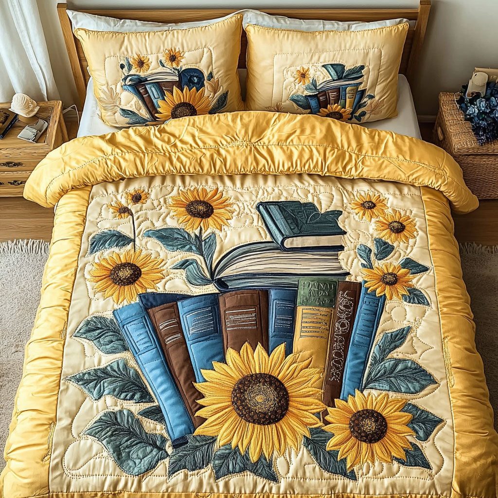 Sunflower Stories quilted 3-piece bedding set on a made bed with two matching pillow shams