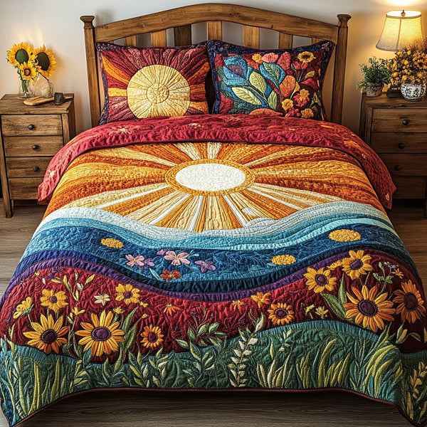 Sunflower Sunrise quilted 3-piece bedding set on a made bed with two matching pillow shams