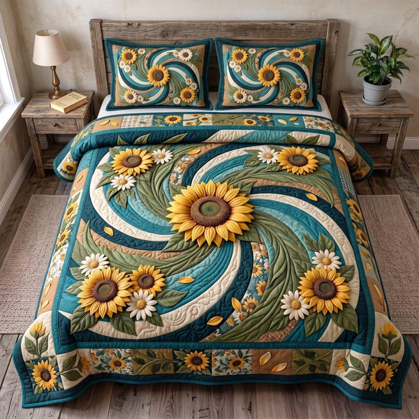 Sunflower Swirl quilted 3-piece bedding set on a made bed with two matching pillow shams