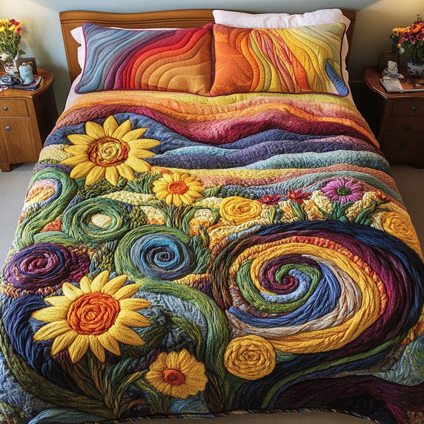 Sunflower Swirl quilted 3-piece bedding set on a made bed with two matching pillow shams