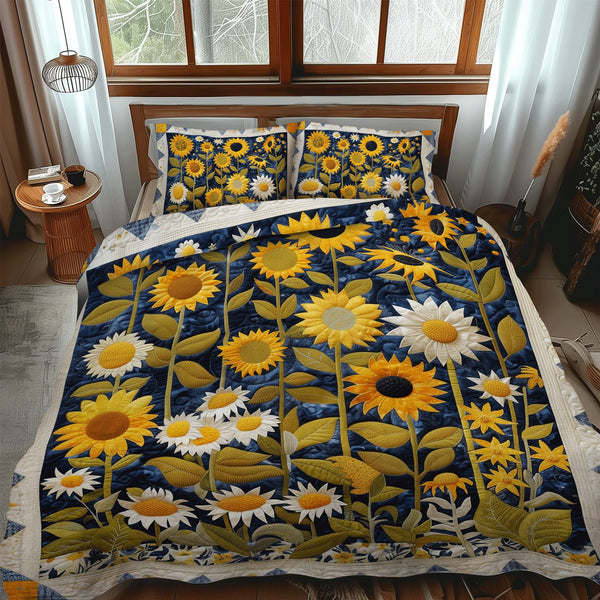 Sunflower Symphony quilted 3-piece bedding set on a made bed with two matching pillow shams