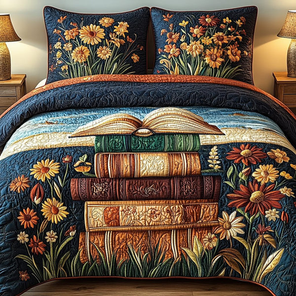 Sunflower Tales quilted 3-piece bedding set on a made bed with two matching pillow shams