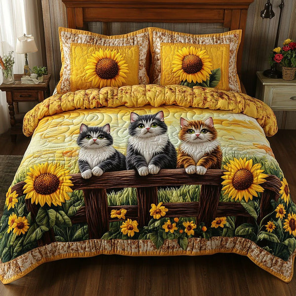 Sunflower Trio quilted 3-piece bedding set on a made bed with two matching pillow shams