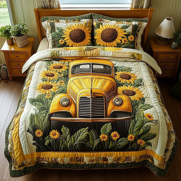 Sunflower Truck quilted 3-piece bedding set on a made bed with two matching pillow shams