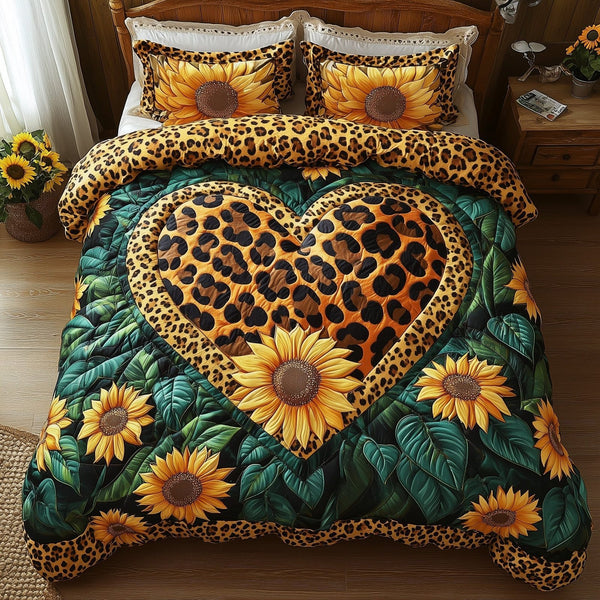 Sunflower Wild Soul quilted 3-piece bedding set on a made bed with two matching pillow shams