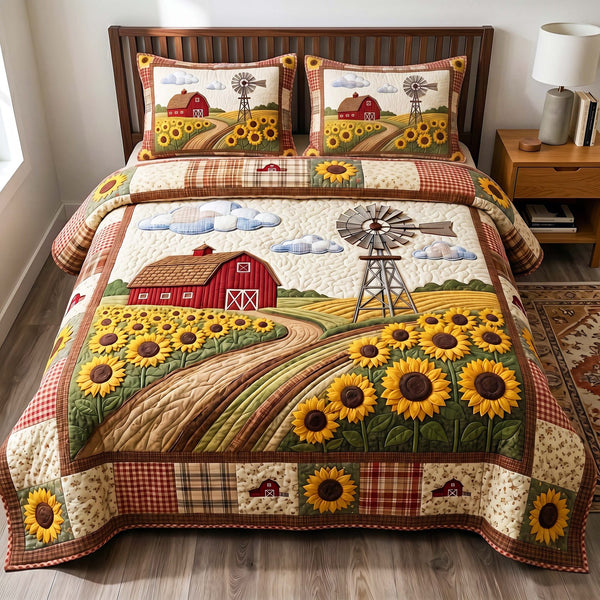 Sunflower Windmill quilted 3-piece bedding set on a made bed with two matching pillow shams