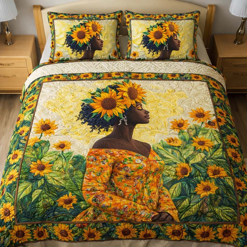 Sunflower Woman quilted 3-piece bedding set on a made bed with two matching pillow shams