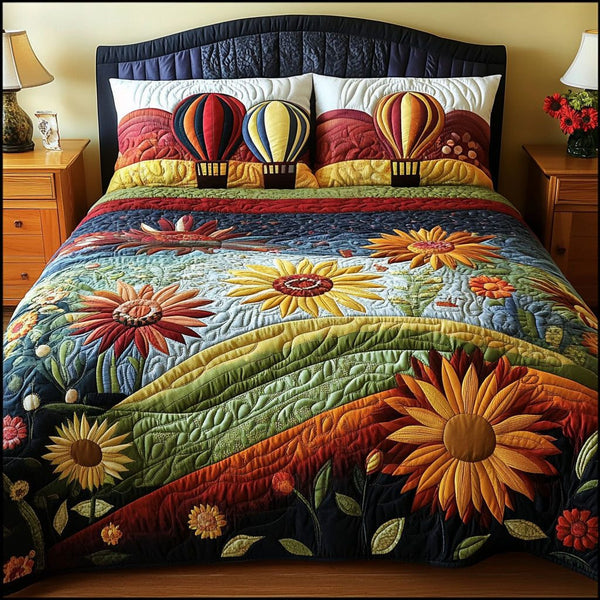 Sunflowers in the Sky quilted 3-piece bedding set on a made bed with two matching pillow shams