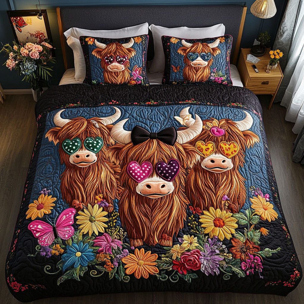 Sunglasses Bovine quilted 3-piece bedding set on a made bed with two matching pillow shams