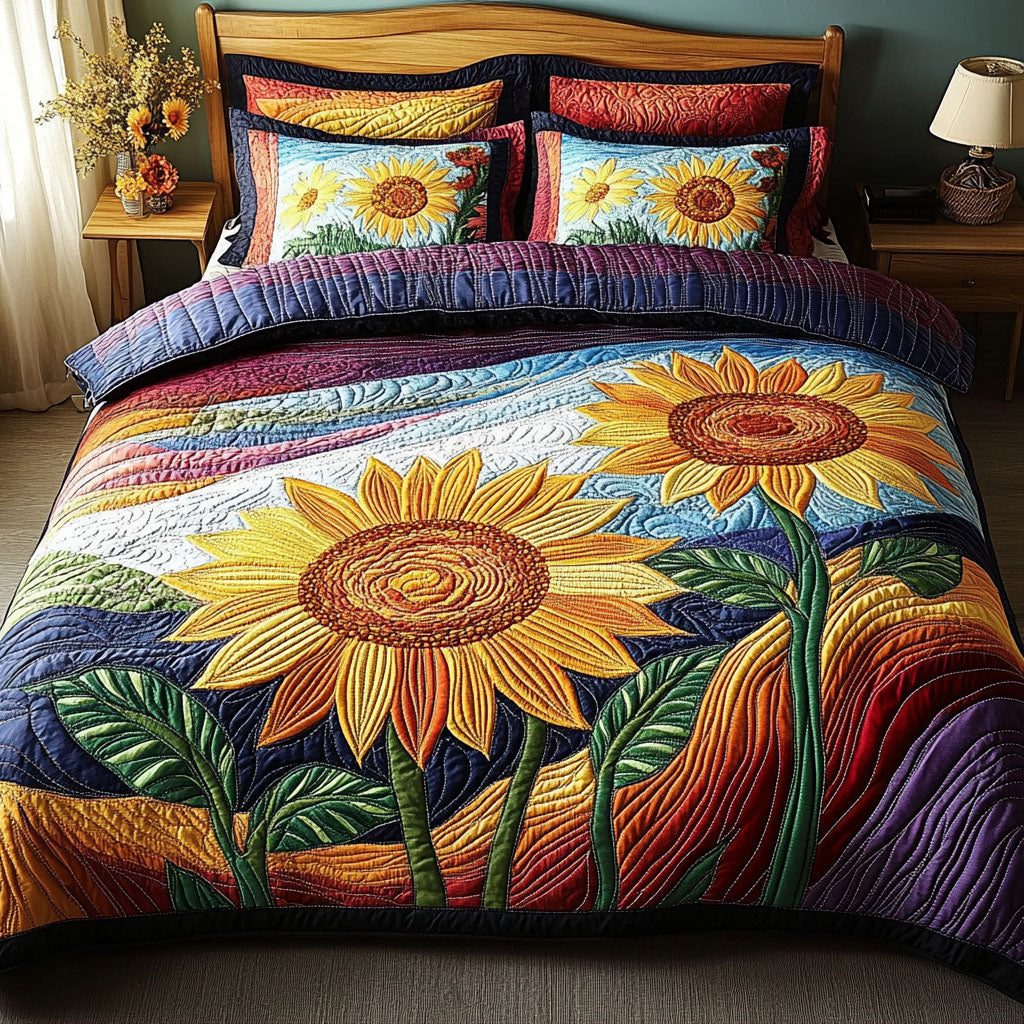 Sunkissed Petal Dreams quilted 3-piece bedding set on a made bed with two matching pillow shams