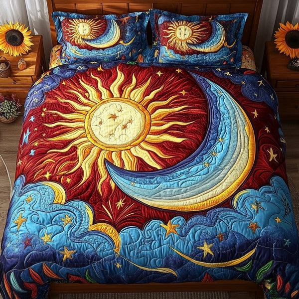 Sunlight Bliss quilted 3-piece bedding set on a made bed with two matching pillow shams