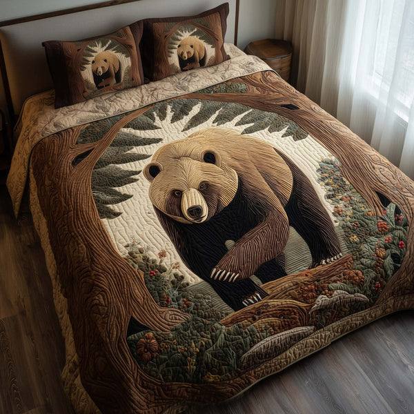 Sunlit Bear quilted 3-piece bedding set on a made bed with two matching pillow shams