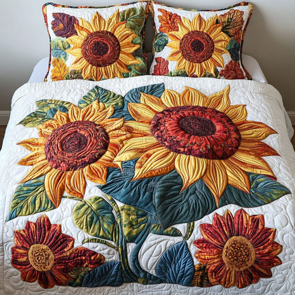 Sunlit Beauty quilted 3-piece bedding set on a made bed with two matching pillow shams