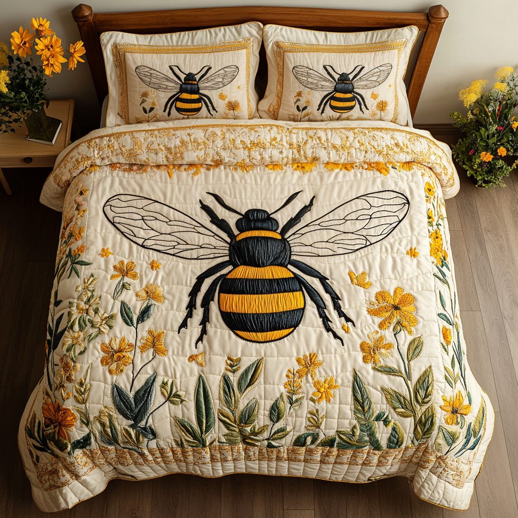 Sunlit Bee quilted 3-piece bedding set on a made bed with two matching pillow shams