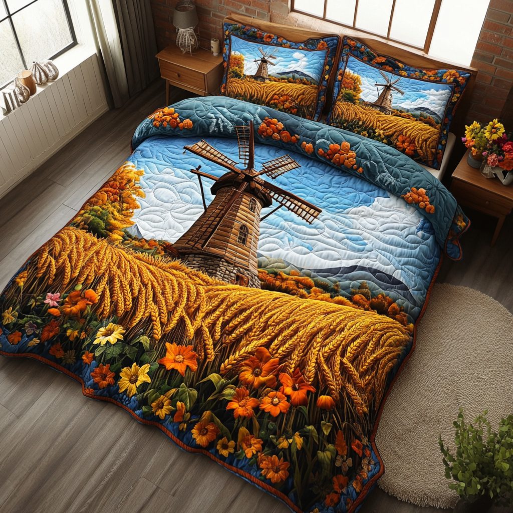 Sunlit Blades quilted 3-piece bedding set on a made bed with two matching pillow shams