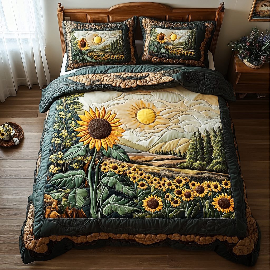 Sunlit Bliss quilted 3-piece bedding set on a made bed with two matching pillow shams