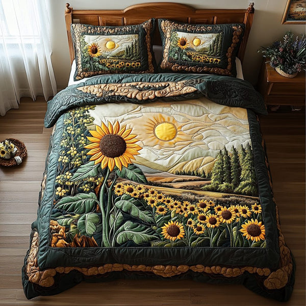 Sunlit Bliss quilted 3-piece bedding set on a made bed with two matching pillow shams