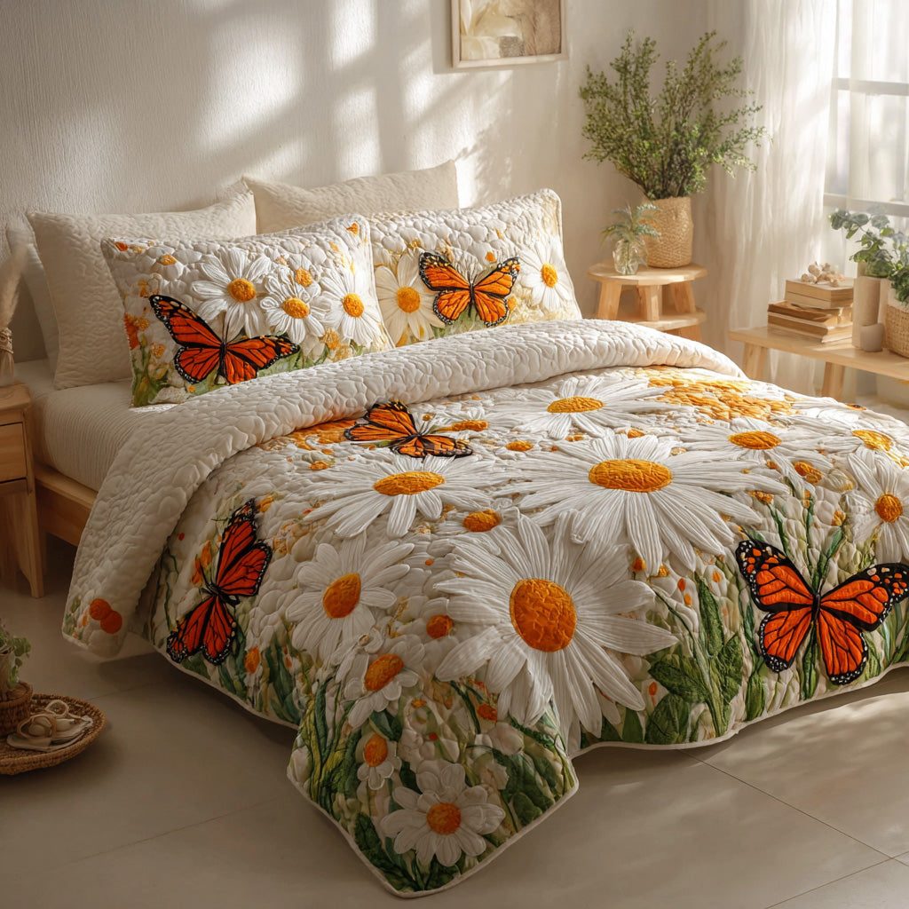 Sunlit Bloom quilted 3-piece bedding set on a made bed with two matching pillow shams
