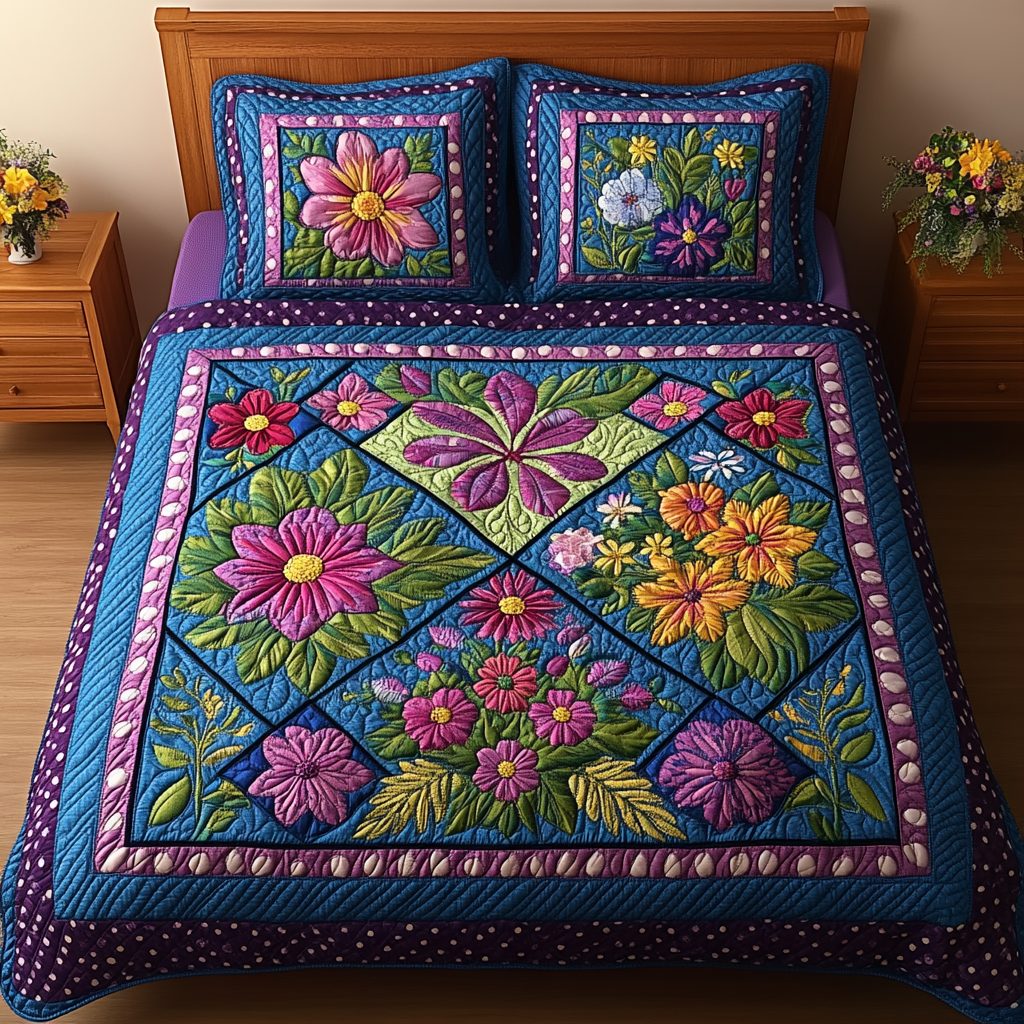 Sunlit Blossoms quilted 3-piece bedding set on a made bed with two matching pillow shams