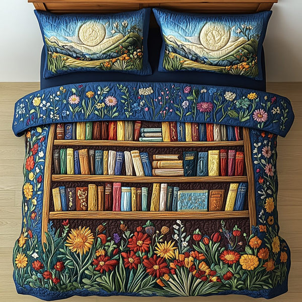 Sunlit Bookshelf quilted 3-piece bedding set on a made bed with two matching pillow shams