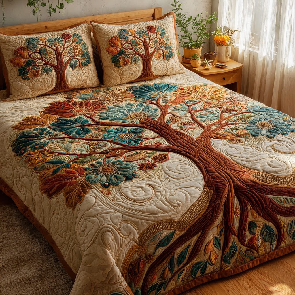 Sunlit Branches quilted 3-piece bedding set on a made bed in a rustic timber bedroom