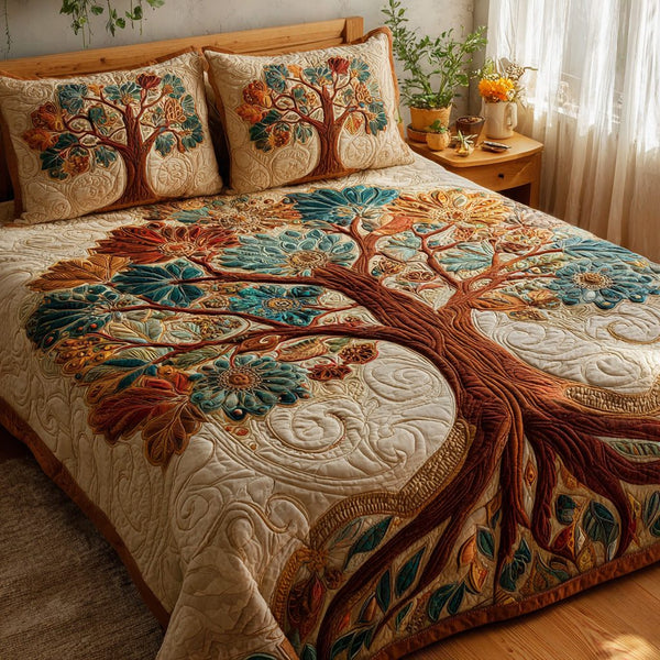 Sunlit Branches quilted 3-piece bedding set on a made bed in a rustic timber bedroom