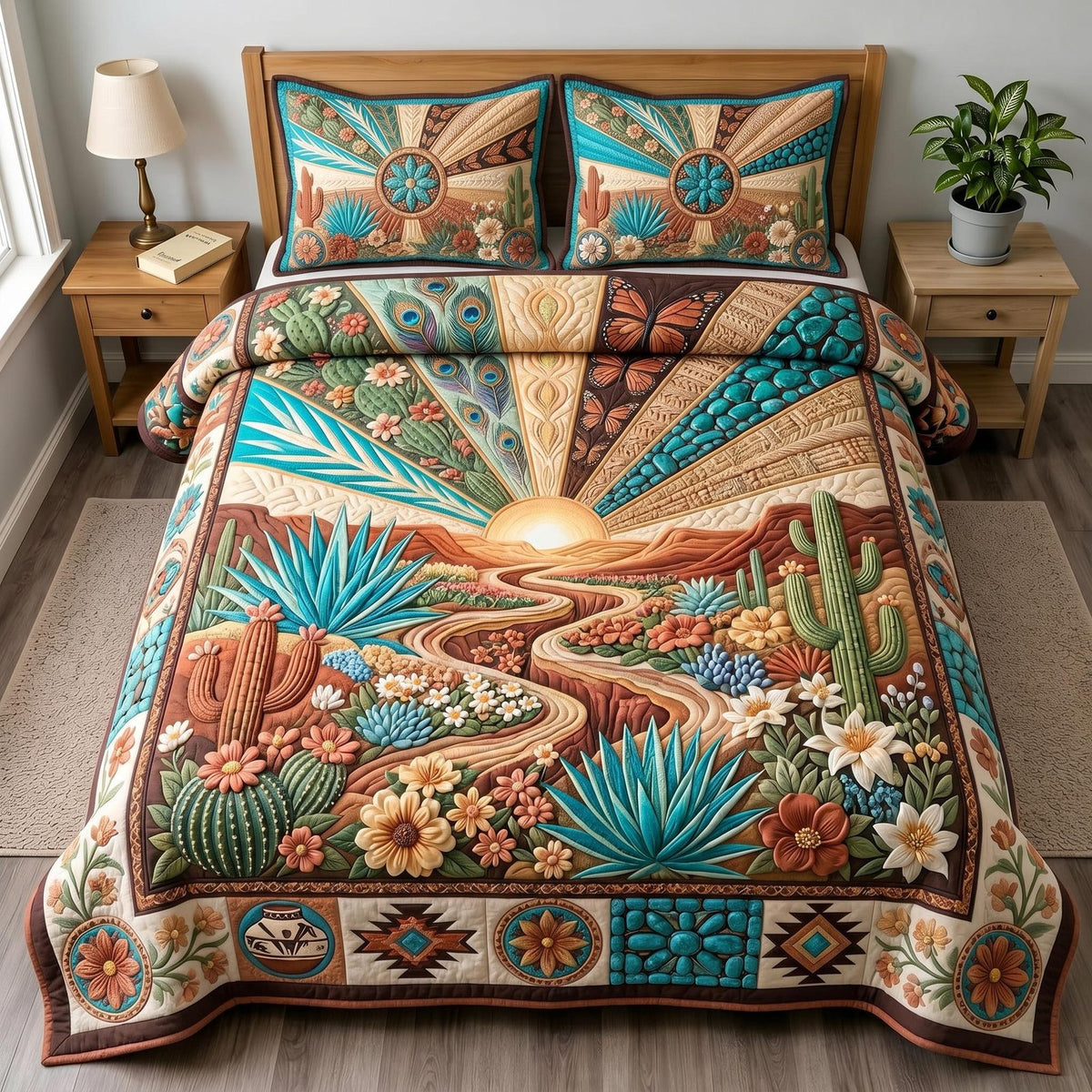Sunlit Cactus quilted 3-piece bedding set on a made bed with two matching pillow shams