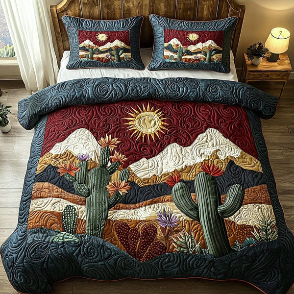Sunlit Cactus quilted 3-piece bedding set on a made bed with two matching pillow shams