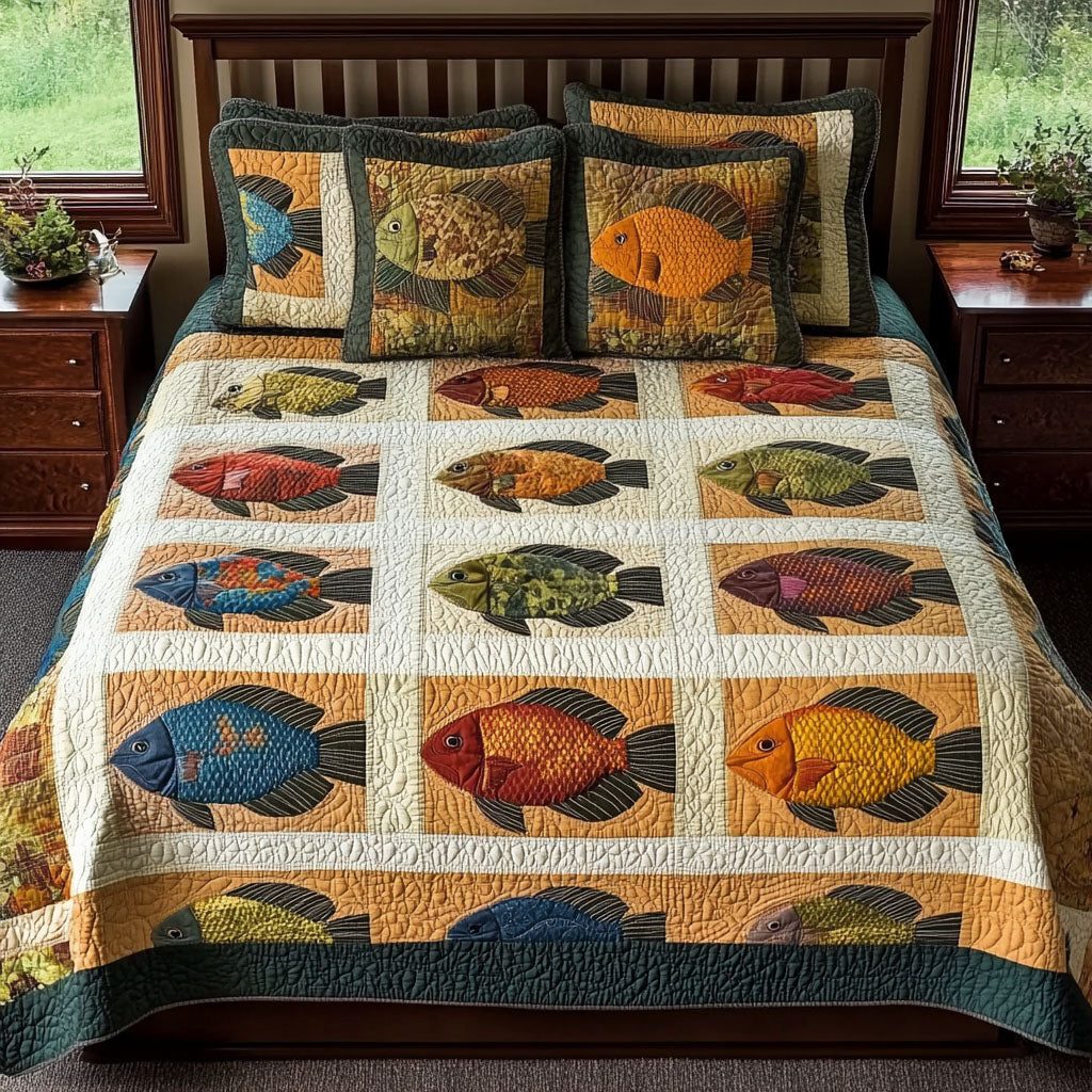 Sunlit Catch quilted 3-piece bedding set on a made bed with two matching pillow shams