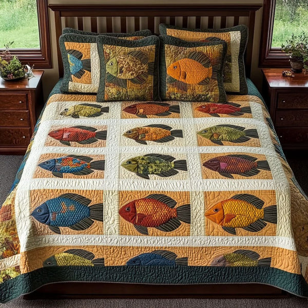 Sunlit Catch quilted 3-piece bedding set on a made bed with two matching pillow shams