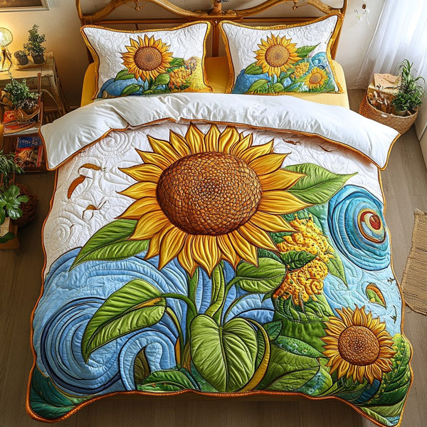Sunlit Charm quilted 3-piece bedding set on a made bed with two matching pillow shams