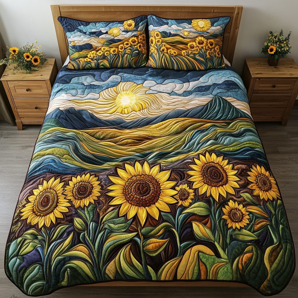 Sunlit Charm quilted 3-piece bedding set on a made bed with two matching pillow shams