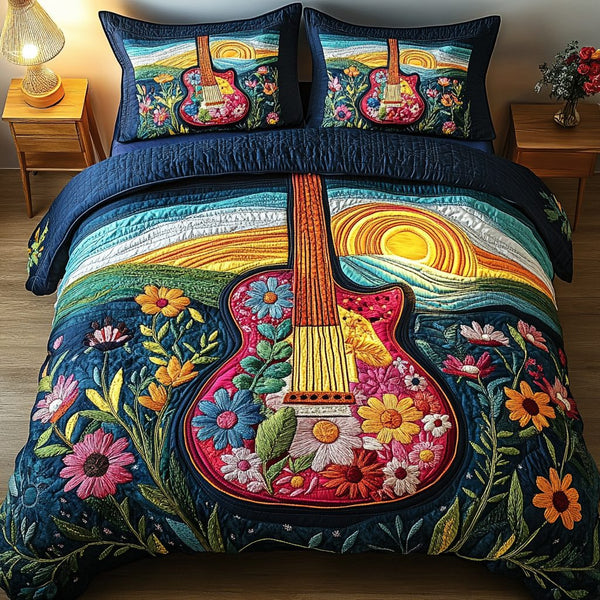 Sunlit Chords quilted 3-piece bedding set on a made bed with two matching pillow shams
