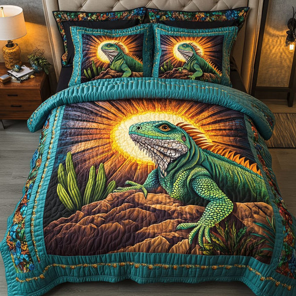 Sunlit Crawler quilted 3-piece bedding set on a made bed with two matching pillow shams