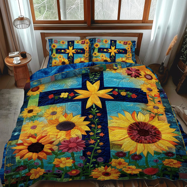 Sunlit Cross quilted 3-piece bedding set on a made bed in a softly lit bedroom
