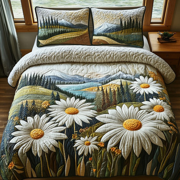 Sunlit Daisies quilted 3-piece bedding set on a made bed with two matching pillow shams