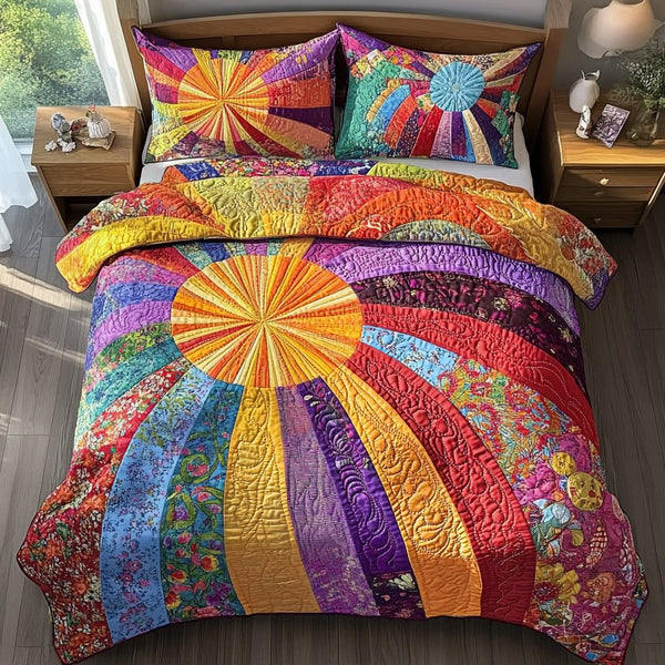 Sunlit Dreams quilted 3-piece bedding set on a made bed with two matching pillow shams