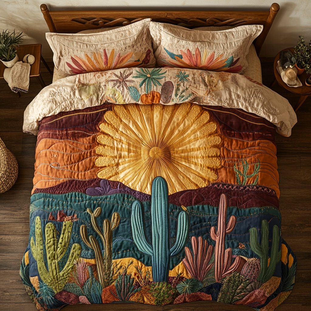Sunlit Dunes quilted 3-piece bedding set on a made bed with two matching pillow shams