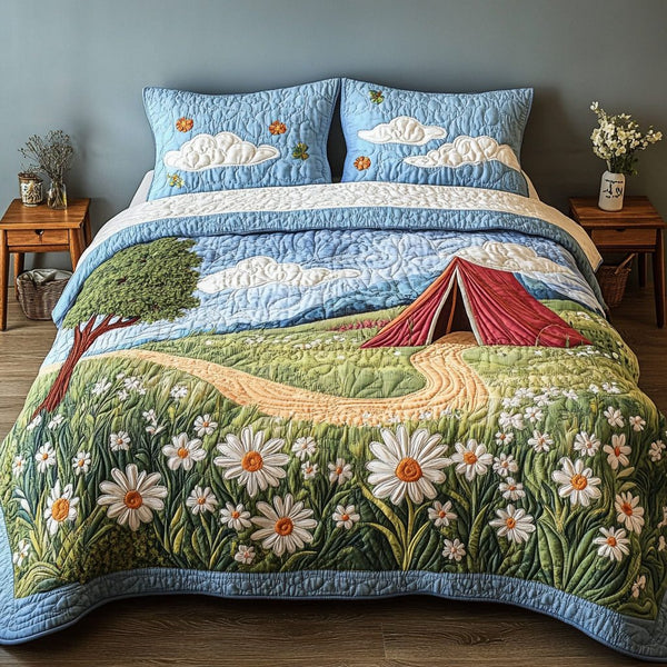 Sunlit Escape quilted 3-piece bedding set on a made bed with two matching pillow shams