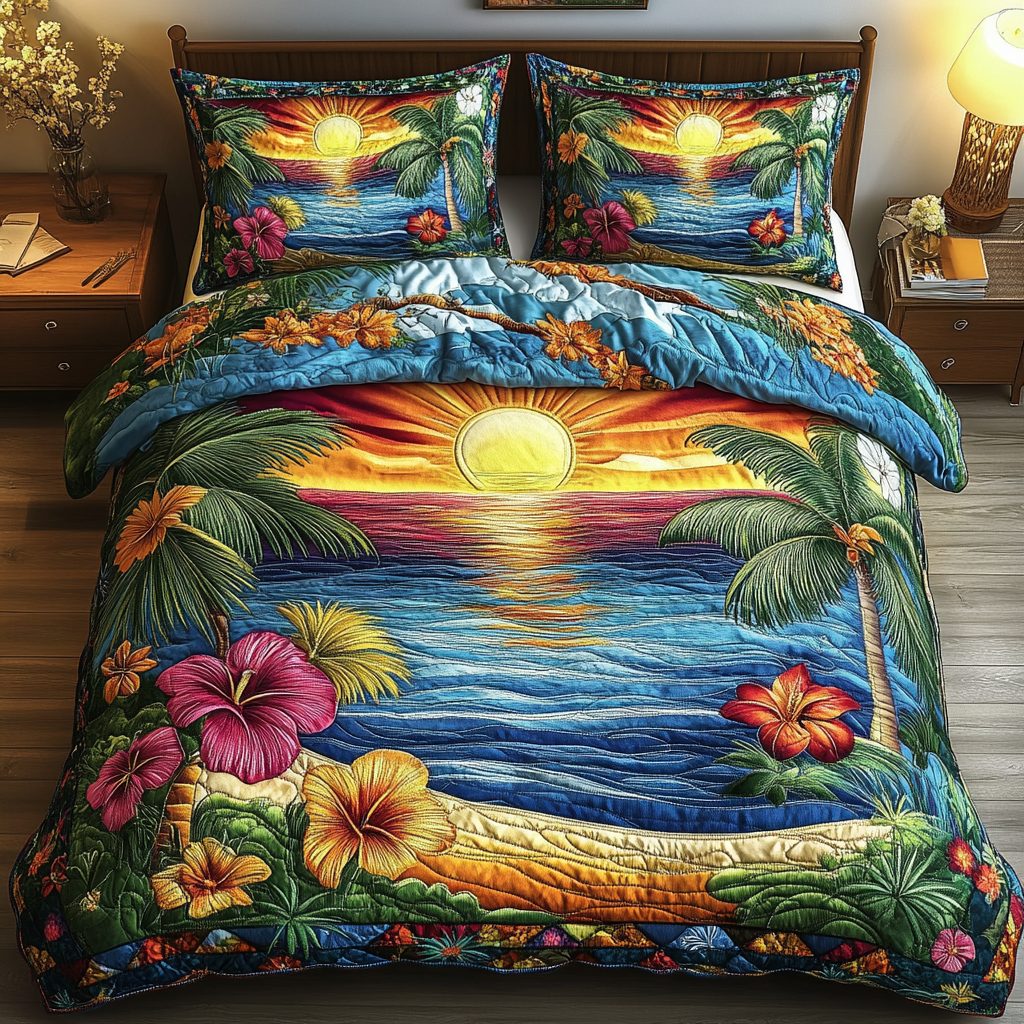Sunlit Escape quilted 3-piece bedding set on a made bed with two matching pillow shams