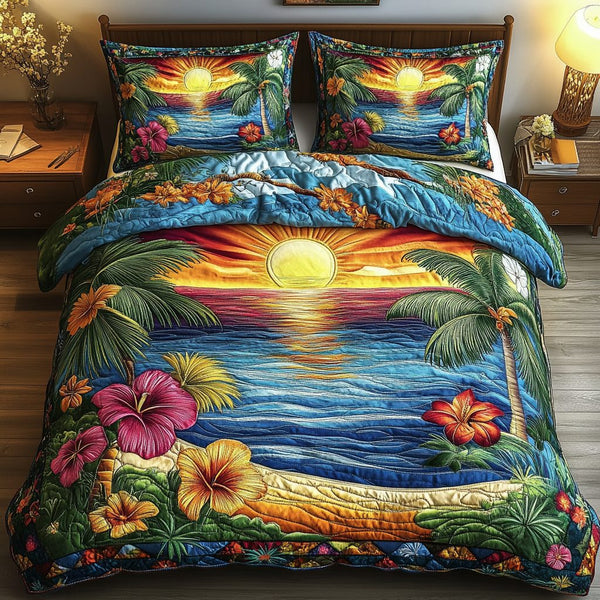 Sunlit Escape quilted 3-piece bedding set on a made bed with two matching pillow shams