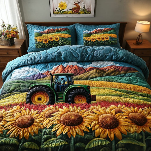 Sunlit Fields quilted 3-piece bedding set on a made bed with two matching pillow shams