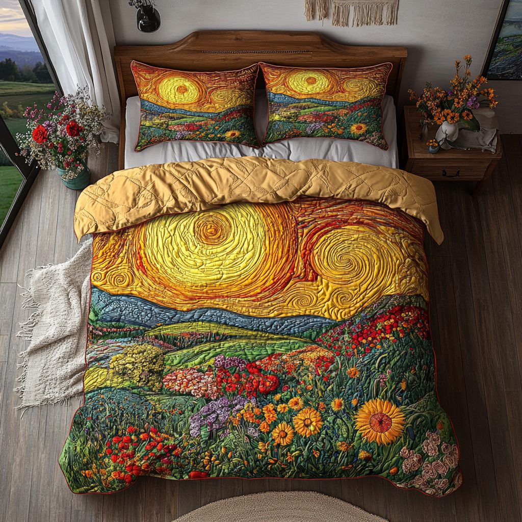 Sunlit Fields quilted 3-piece bedding set on a made bed with two matching pillow shams