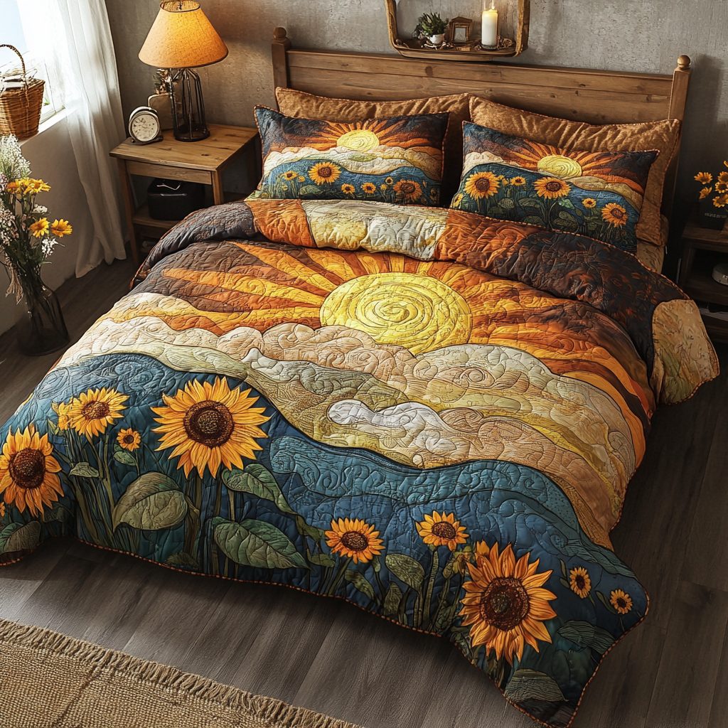Sunlit Fields quilted 3-piece bedding set on a made bed with two matching pillow shams