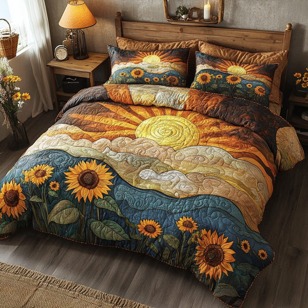 Sunlit Fields quilted 3-piece bedding set on a made bed with two matching pillow shams