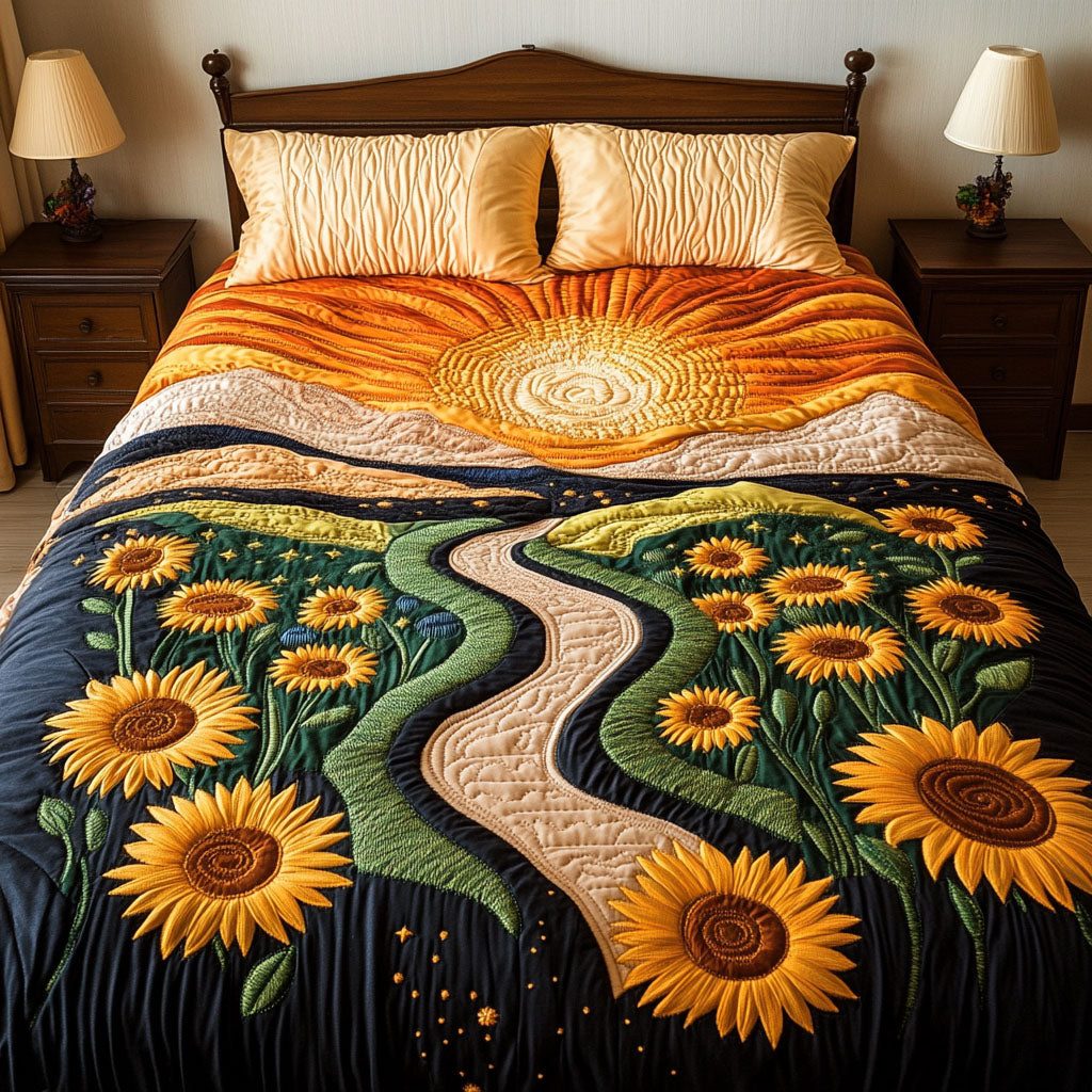 Sunlit Floral Trail quilted 3-piece bedding set on a made bed with two matching pillow shams