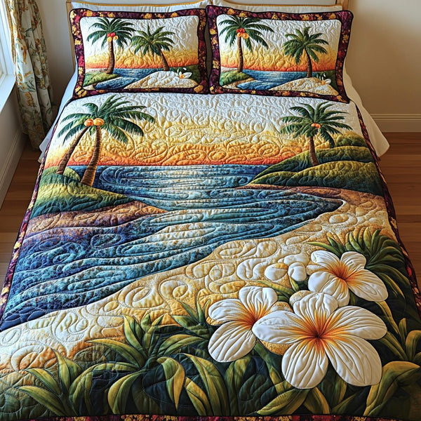 Sunlit Flowers quilted 3-piece bedding set on a made bed with two matching pillow shams