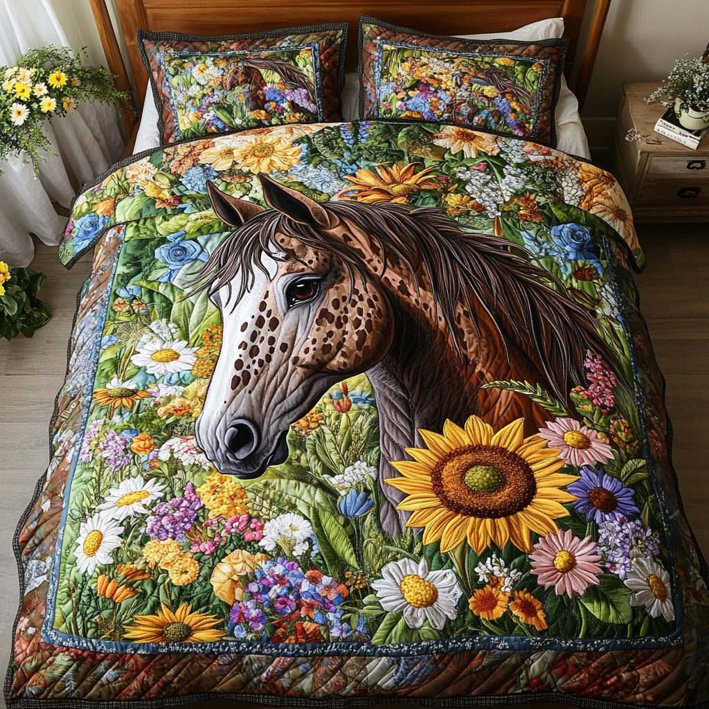 Sunlit Gallop quilted 3-piece bedding set on a made bed with two matching pillow shams