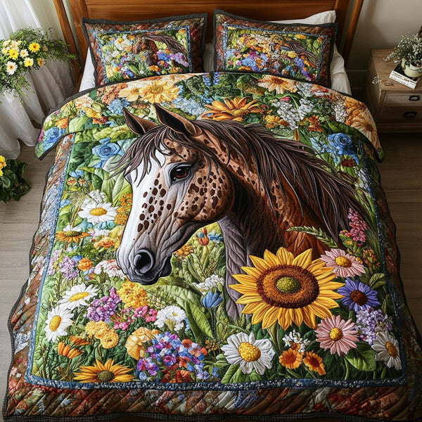 Sunlit Gallop quilted 3-piece bedding set on a made bed with two matching pillow shams