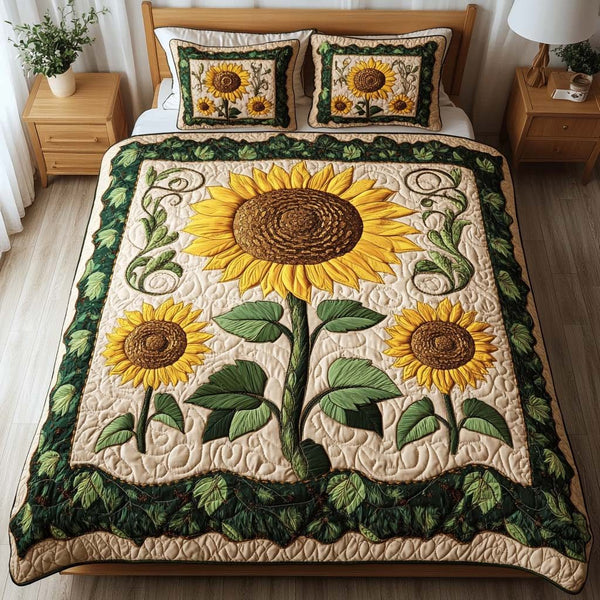 Sunlit Garden Charm quilted 3-piece bedding set on a made bed with two matching pillow shams